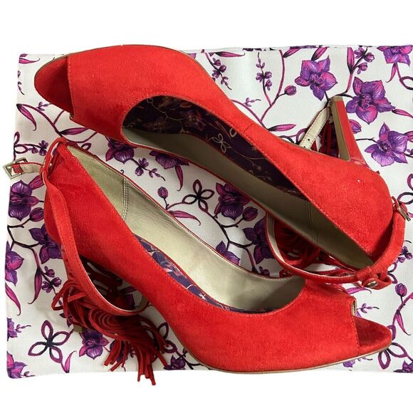 Veerah Pumps Size 10 Women's Volcano Red "The Florence" With Fringes Heels Party - Picture 2 of 11